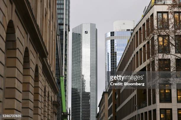 The headquarters of Deutsche Bank AG, center, in the financial district of Frankfurt, Germany, on Thursday, Feb. 2, 2023. Deutsche Bank vowed to...