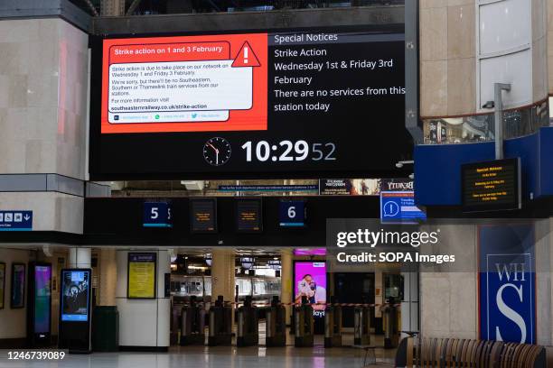 Digital information screen informs passengers about strike action at Charing Cross Station in London. The ASLEF Union is staging a 24-hour strike...