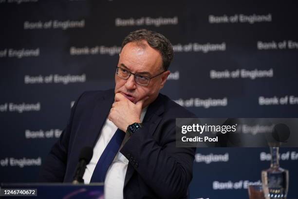 Andrew Bailey, Governor of the Bank of England, during the Bank of England Monetary Policy Report Press Conference, at the Bank of England on...