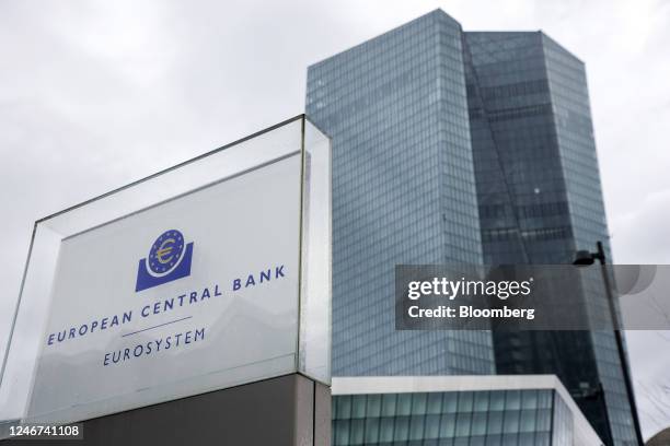 Sign for the European Central Bank outside the bank's headquarters in Frankfurt, Germany, on Thursday, Feb. 2, 2023. Policymakers -- whether they're...