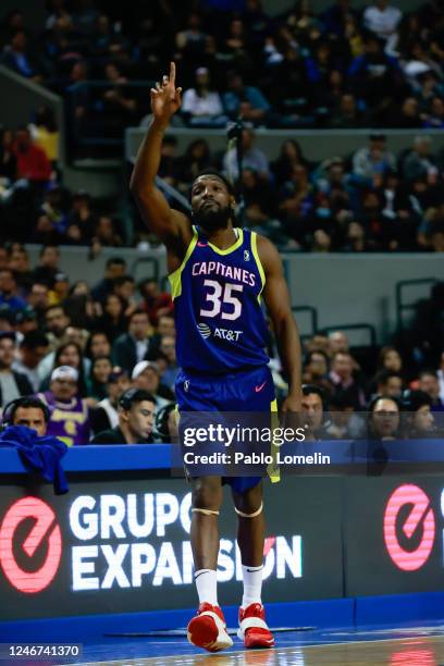 Kenneth Faried of Mexico City Capitanes celebrates against South Bay Lakers on February 1st, 2023 at the Mexico City Arena in Mexico City, Mexico....