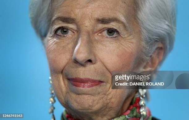 European Central Bank President Christine Lagarde addresses a press conference on the eurozone's monetary policy in Frankfurt am Main, western...
