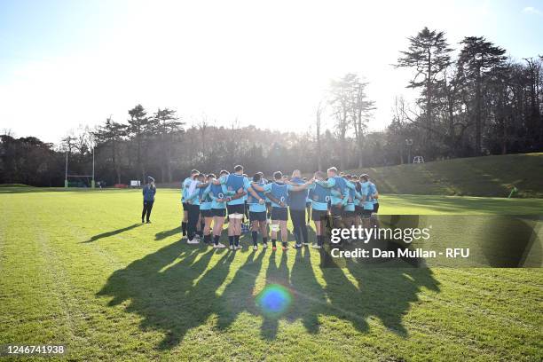 The England players huddle during a training session at Pennyhill Park on January 30, 2023 in Bagshot, England.