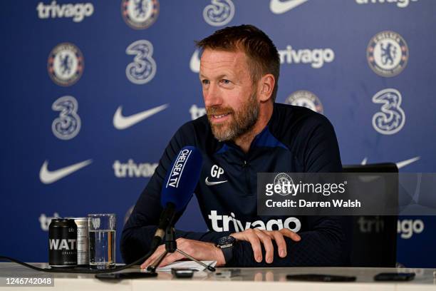 Graham Potter of Chelsea during a press conference at Chelsea Training Ground on February 2, 2023 in Cobham, England.