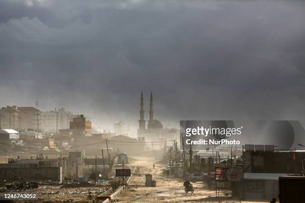 General view of Gaza City and the Khaledi Mosque during a stormy day in the Palestinian coastal enclave, northern Gaza Strip, on February 2, 2023.