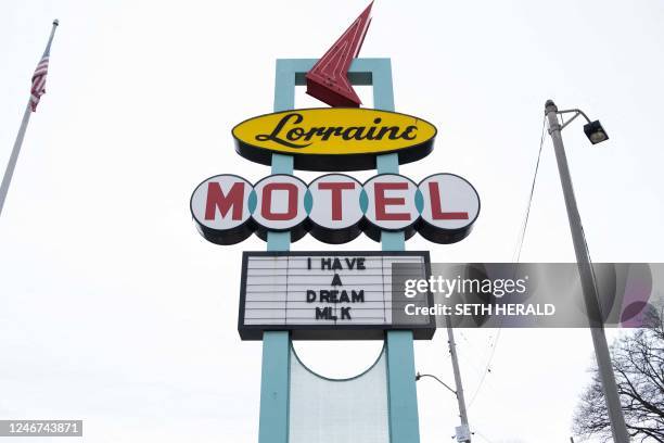 Sign reading "I have a dream" is displayed in front of the Lorraine Motel in Memphis, Tennessee, on January 28, 2023. - This is the site where civil...