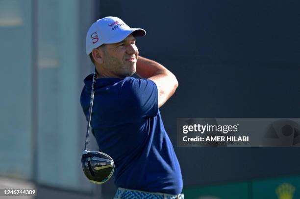 Spanish golfer Sergio Garcia tees off during the PIF Saudi International in King Abdullah Economic City, north of Saudi Arabia's Red Sea coastal city...