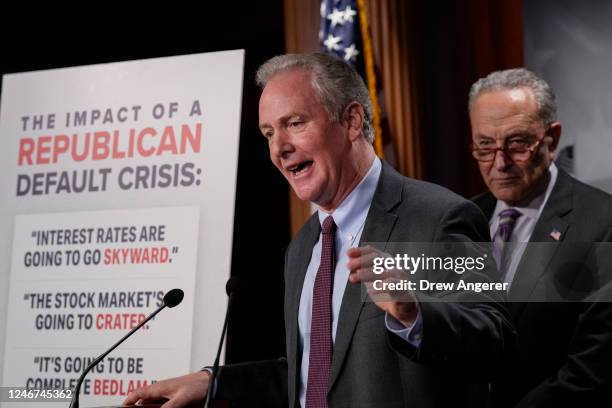Senate Majority Leader Chuck Schumer looks on as Sen. Chris Van Hollen speaks during a news conference at the U.S. Capitol February 2, 2023 in...