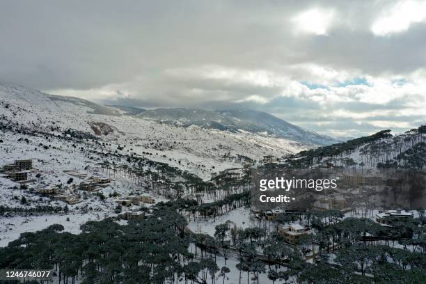 This aerial picture taken on February 2 shows snow covered mountains in the village of Ain Zhalta in Lebanon's Shouf mountains, southeast of Beirut.