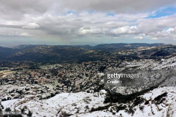 This aerial picture taken on February 2 shows snow covered mountains in the village of Hammana, northeast of Beirut.