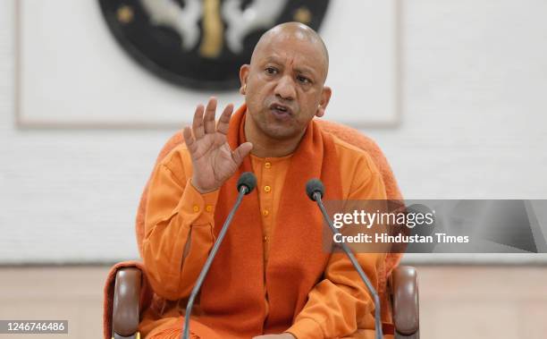 Uttar Pradesh Chief Minister Yogi Adityanath addresses a press conference at his official residence on February 2, 2023 in Lucknow, India. Yogi...