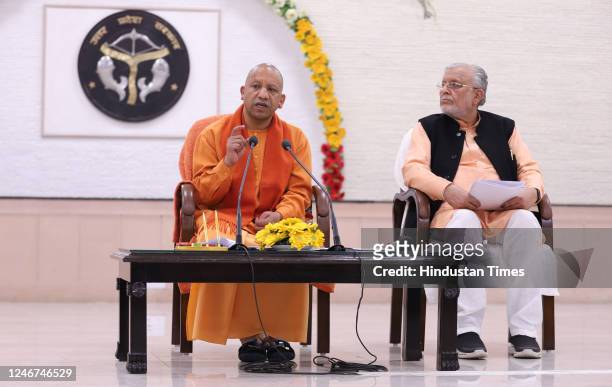 Uttar Pradesh Chief Minister Yogi Adityanath addresses a press conference at his official residence on February 2, 2023 in Lucknow, India. Yogi...
