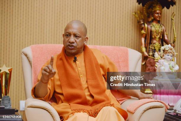 Uttar Pradesh Chief Minister Yogi Adityanath interview with Hindustan Times at CM official residence on February 2, 2023 in Lucknow, India. Yogi...