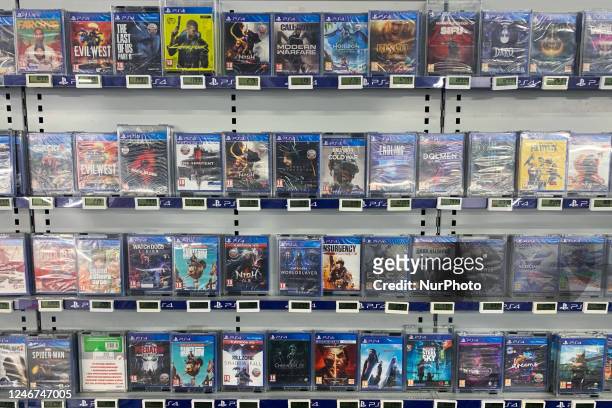 PlayStation 4 game boxes are seen at the store in Krakow, Poland on February 2, 2023.