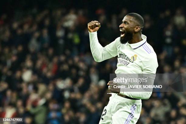 Real Madrid's German defender Antonio Rudiger celebrates scoring a goal that was disallowed after a VAR review during the Spanish league football...