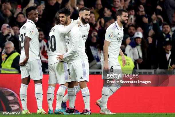 Marco Asensio of Real Madrid celebrates 1-0 with Karim Benzema of Real Madrid, Luka Modric of Real Madrid, Vinicius Junior of Real Madrid, Nacho...