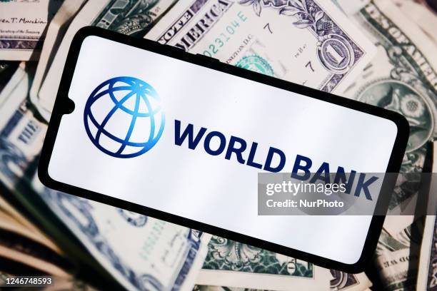 World Bank logo is displayed on a mobile phone screen for illustration photo. Krakow, Poland on February 2nd, 2023.