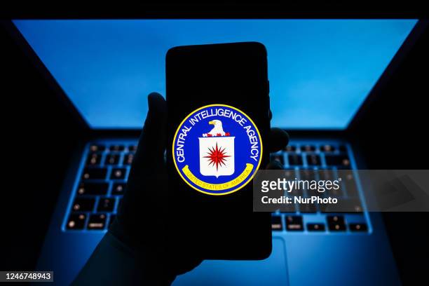 Central Intelligence Agency seal is displayed on a mobile phone screen for illustration photo. Krakow, Poland on February 2nd, 2023.