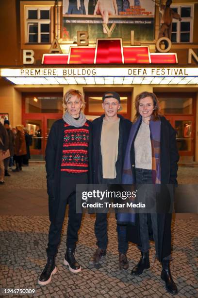 Lana Cooper, Julius Nitschkoff and Karin Hanczewski attend the Bulldog premiere at Babylon Kino on February 2, 2023 in Berlin, Germany.