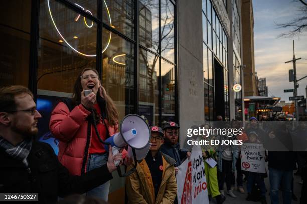 Members of the Alphabet Workers Union hold a rally outside the Google office in response to recent layoffs, in New York on February 2, 2023. -...