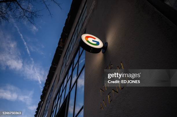 Google signs is seen as members of the Alphabet Workers Union hold a rally outside the Google office in response to recent layoffs, in New York on...