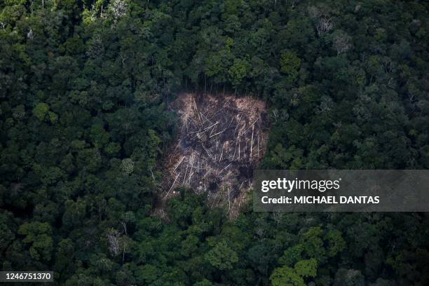 Aerial view of the deforested area of the Amazonia rainforest at the Yanomami indigenous territory in the state of Roraima, Brazil on February 2,...