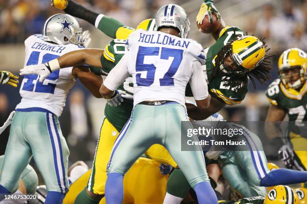 Green Bay Packers running back Eddie Lacy dives for the game winning touchdown during the Green Bay Packers against the Dallas Cowboys during a NFL...