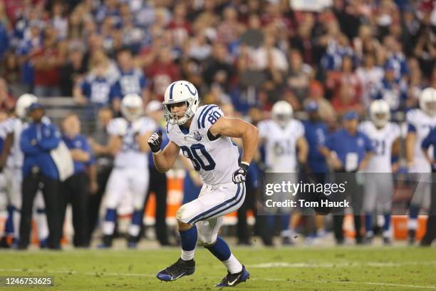 Indianapolis Colts tight end Coby Fleener runs a pass route during an NFL game between the Indianapolis Colts and Arizona Cardinals in Glendale,...