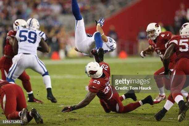 Indianapolis Colts wide receiver David Reed is upended returning a kick by Arizona Cardinals Alfonso Smith during an NFL game between the...