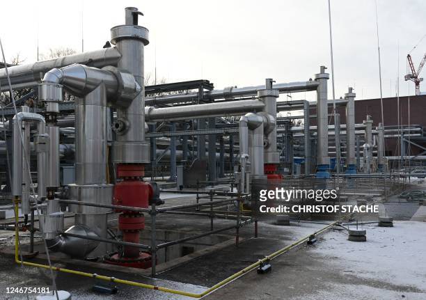 Picture taken on January 19, 2023 shows drilling technology at the geothermal heating plant in Munich, southern Germany. - For more than a century,...