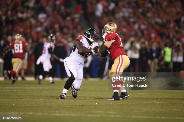 San Francisco 49ers tackle Joe Staley blocks Atlanta Falcons defensive end Stansly Maponga during an NFL Monday Night Football game between the San...