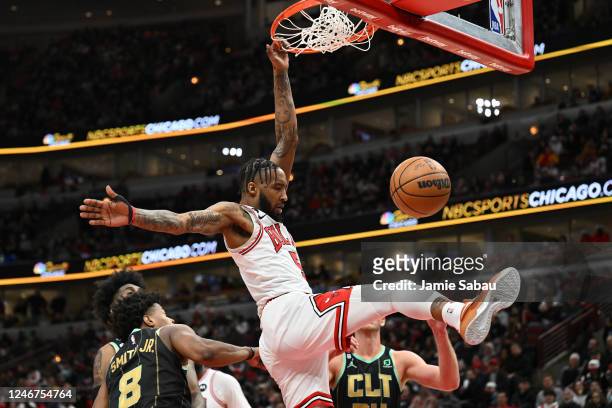 Derrick Jones Jr. #5 of the Chicago Bulls finishes a rebound put back with a dunk in the second half against the Charlotte Hornets on February 02,...