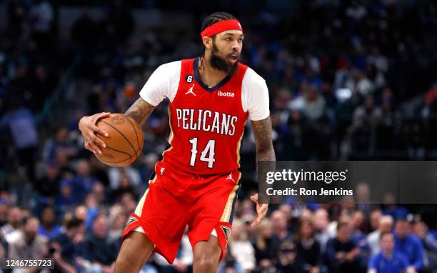 Brandon Ingram of the New Orleans Pelicans handles the ball against the Dallas Mavericks in the second half at American Airlines Center on February...