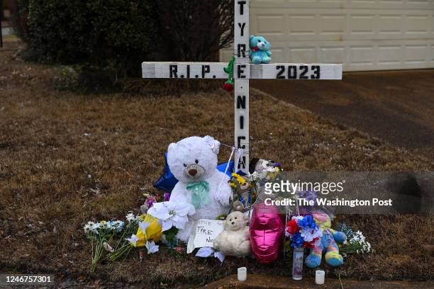 Memorial for Tyre Nichols is seen near his parents home on January 29, 2023 in Memphis, Tennessee. Nichols, a 29-year-old Black man was pulled over...