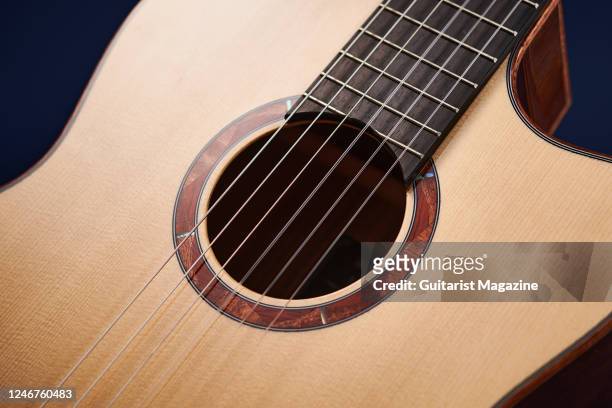 Detail of a Yamaha NCX5 nylon-string electro-acoustic guitar, taken on June 23, 2021.