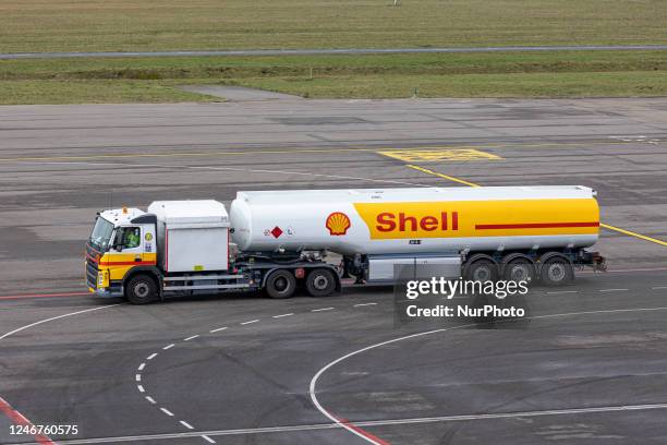 Shell tanker truck with Jet-A1 aviation fuel for aircraft at Eindhoven Airport in the Netherlands, on February 1, 2023. Shell logo visible on the...