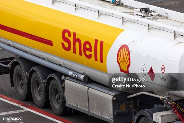 Shell tanker truck with Jet-A1 aviation fuel for aircraft at Eindhoven Airport in the Netherlands, on February 1, 2023. Shell logo visible on the...