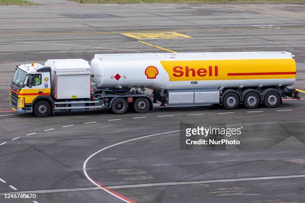 Shell tanker truck with Jet-A1 aviation fuel for aircraft at Eindhoven Airport in the Netherlands, on February 1, 2023. Shell logo visible on the...