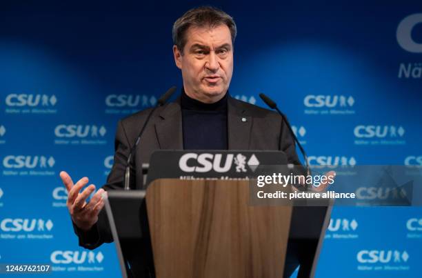 February 2023, Bavaria, Munich: Markus Söder, CSU chairman and prime minister of Bavaria, attends a press conference at party headquarters after a...