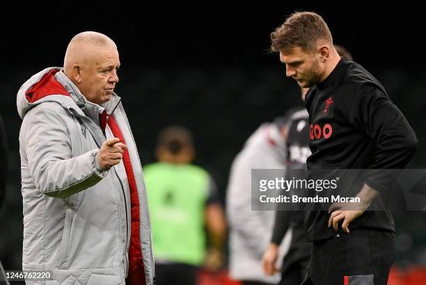 Wales , United Kingdom - 3 February 2023; Wales head coach Warren Gatland, left, and Dan Biggar during the Wales rugby captain's run at Principality...
