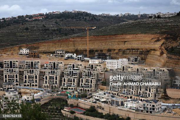 Picture shows a general view of the Israeli settlement of Givat Zeev, near the Palestinian city of Ramallah in the occupied West Bank, on February 3,...