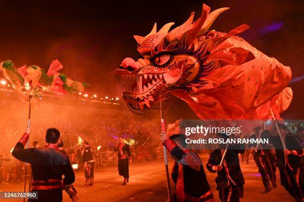 Performers participate in the annual Chinese Lunar New Year Chingay parade in Singapore on February 3, 2023.