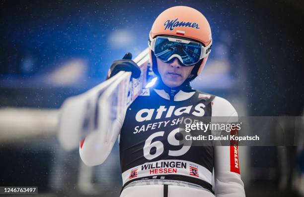 Dawid Kubacki of Poland reacts prior to the Men's Large Hill Individual HS147 trial round at the FIS World Cup Ski Jumping Willingen on February 3,...