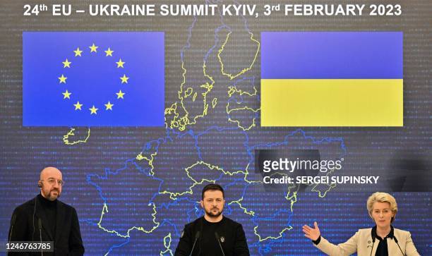 Ukrainian President Volodymyr Zelensky , European Council President Charles Michel and President of the European Commission Ursula von der Leyen give...