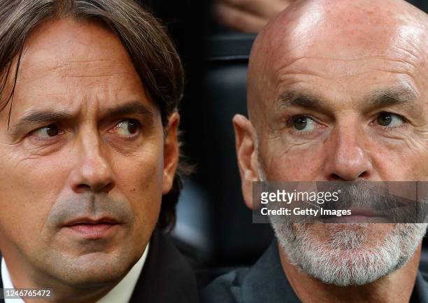 In this composite image a comparison has been made between FC Internazionale coach Simone Inzaghi and AC Milan coach Stefano Pioli. The Milan derby...
