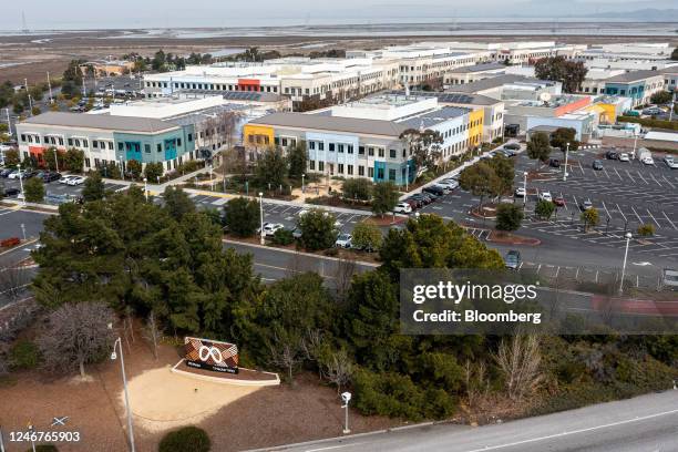 Meta headquarters in Menlo Park, California, US, on Thursday, Feb. 2, 2023. Meta Platforms Inc.'s shares soared 19% in early trading after Chief...