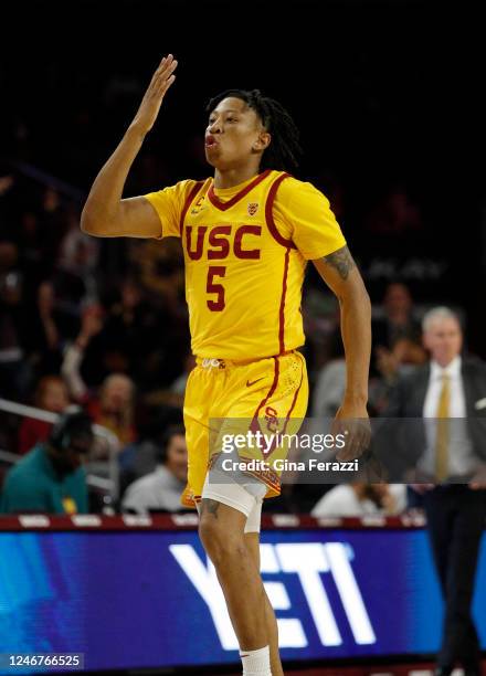 Trojans guard Boogie Ellis reacts after scoring 3-point shot to against Washington State in the second half at the Galen Center on February 2, 2023...