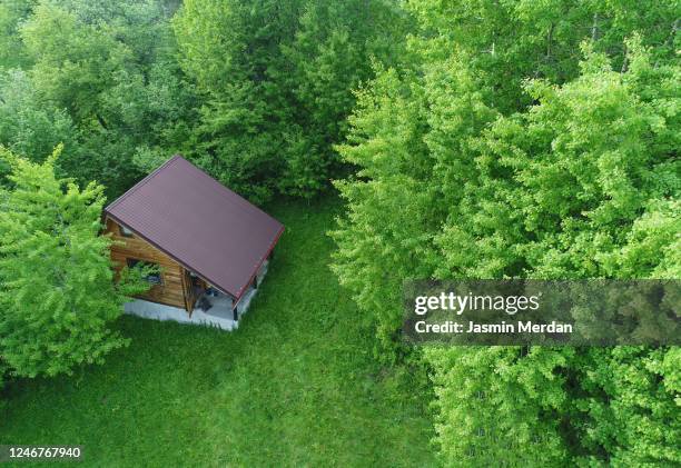 aerial view of cottage - cabin in the woods stock-fotos und bilder