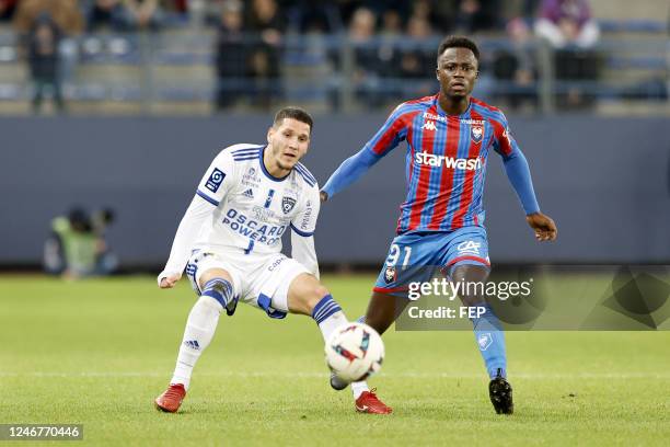 Kevin SCHUR - 91 Emmanuel NTIM during the Ligue 2 BKT match between Caen and Bastia at Stade Michel D'Ornano on February 3, 2023 in Caen, France.