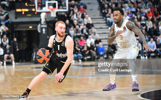 Niccolo Mannion, #1 of Virtus Segafredo Bologna in action during the 2022-23 Turkish Airlines EuroLeague Regular Season Round 23 game between LDLC...